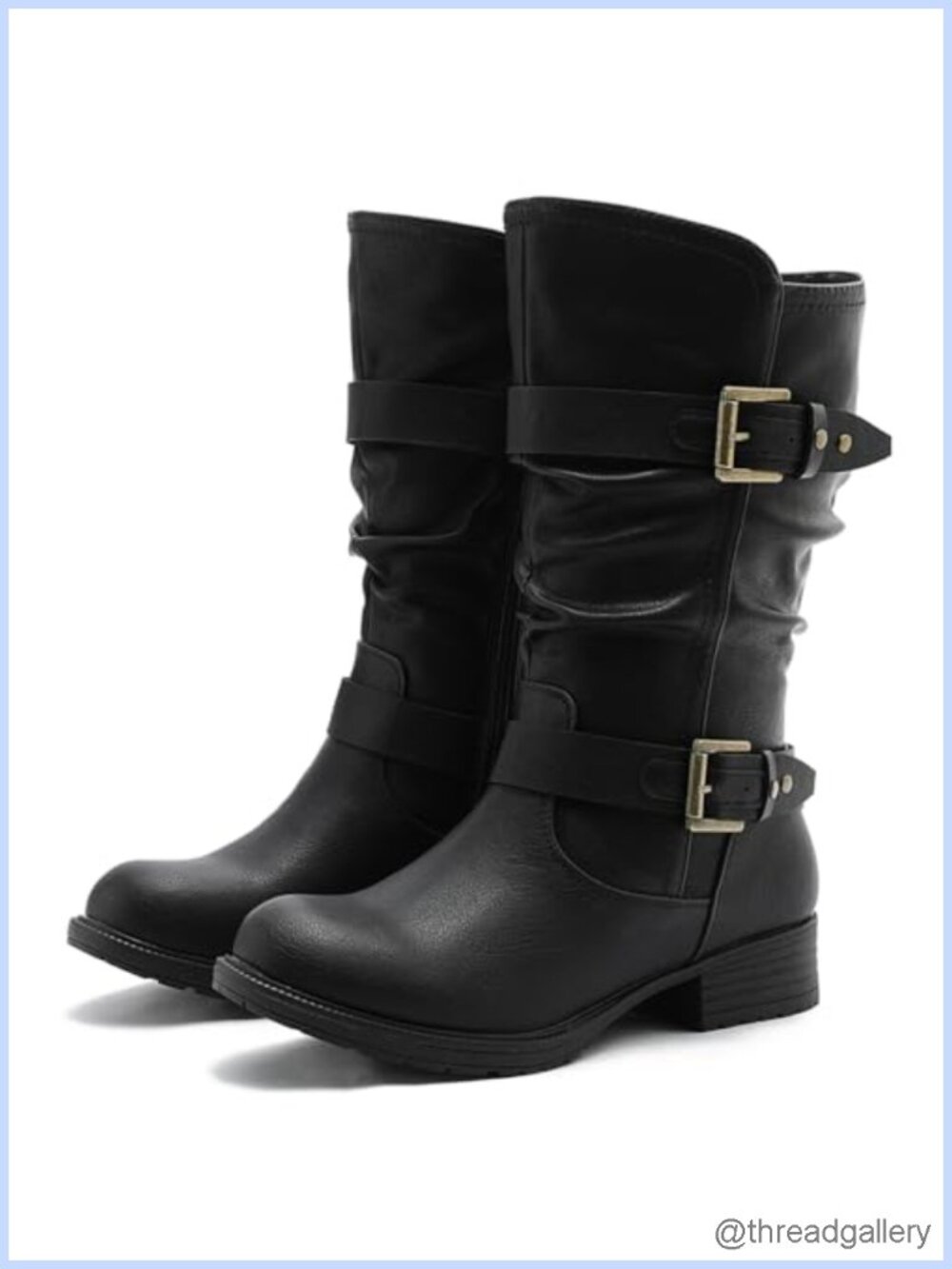 Mid Calf Moto Boots Faux Leather Buckle Straps
